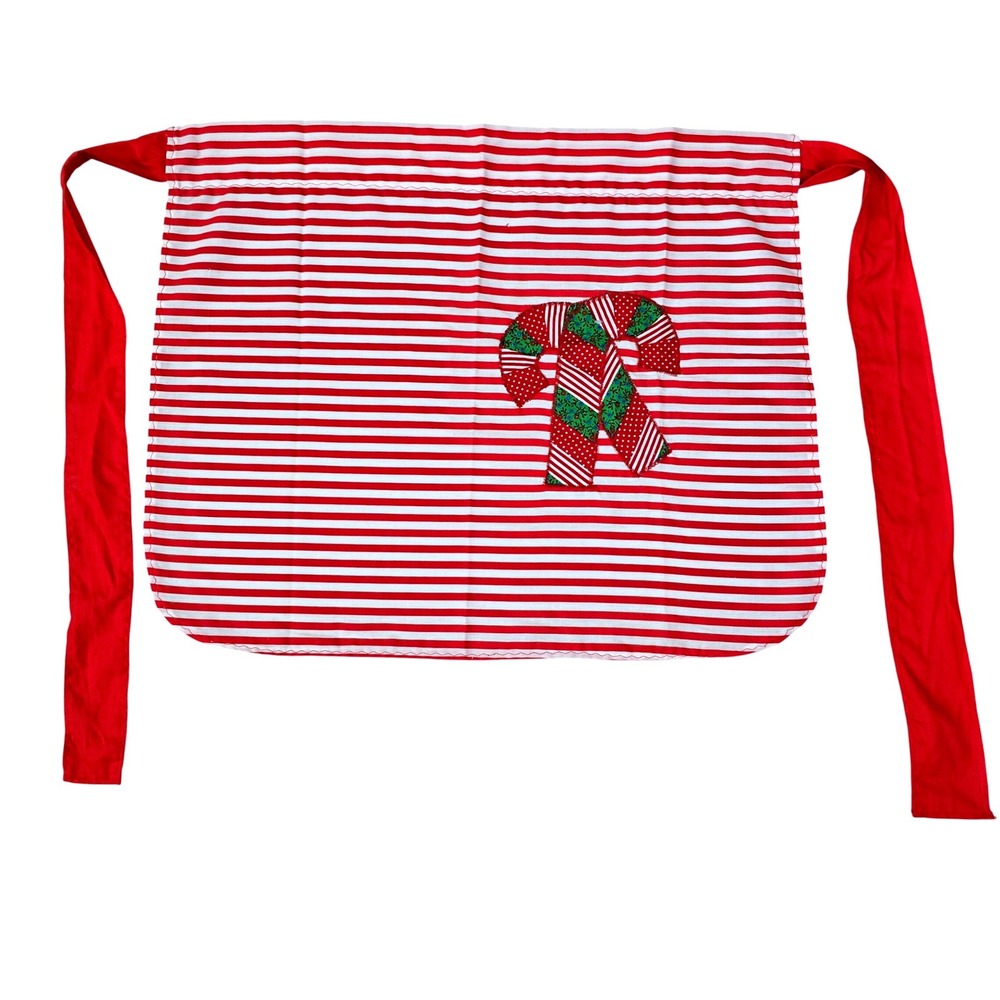 Christmas Half Apron Red White Stripe Patchwork Bow Candy Cane